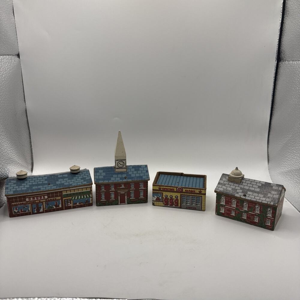 Set Of 4 Vintage Keystone Wooden Block Village Buildings